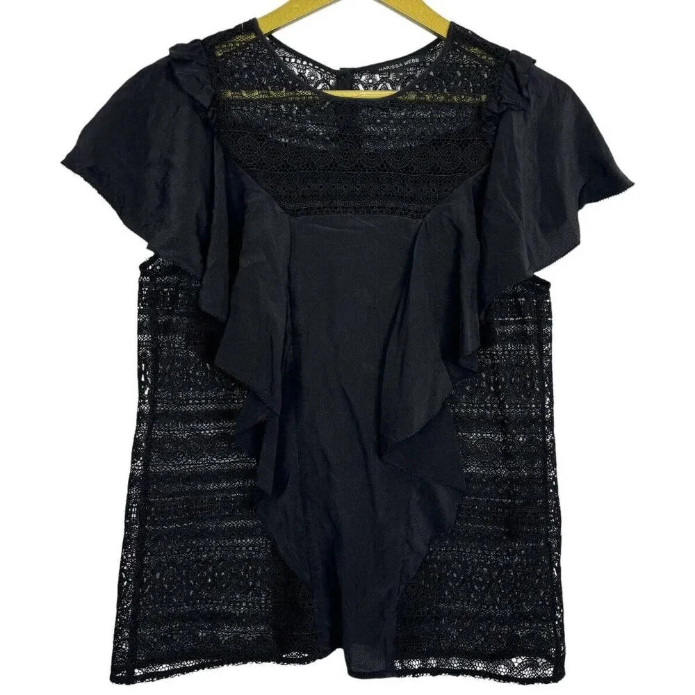 Marissa Webb Crochet Lace Silk Top Medium Black Ruffle Button Back Whimsigoth